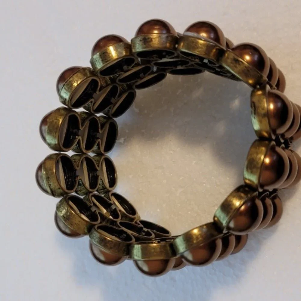 Vintage Copper Tone Stretch Bracelet Three Row Beaded Retro Jewelry